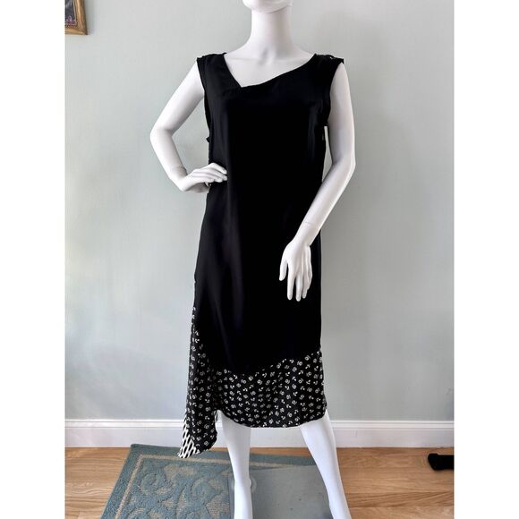 Pure DKNY Asymmetrical Black Silk Dress NWT Sleeveless Mixed Print size Large - Picture 8 of 11
